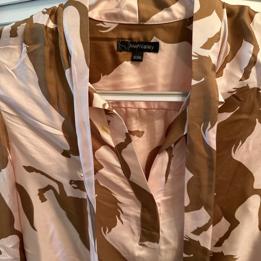 100% Silk Horse Print Long Sleeve Shirt Pink + Brown | Y2K Designer - Picture 8 of 12